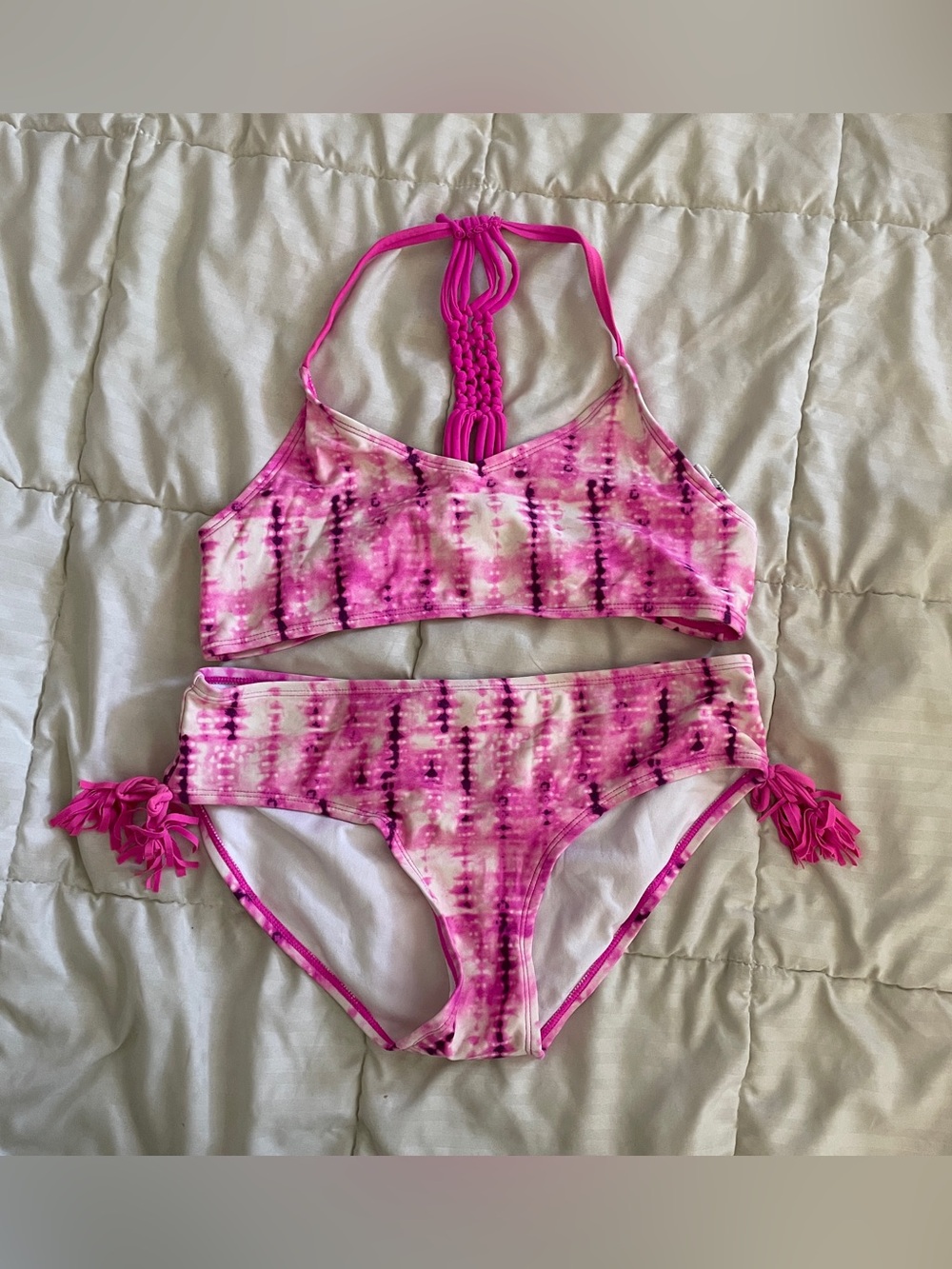 Okami Bathing Suit Girls Two Piece Size 14 Pink White Swimwear Bikini Racerback